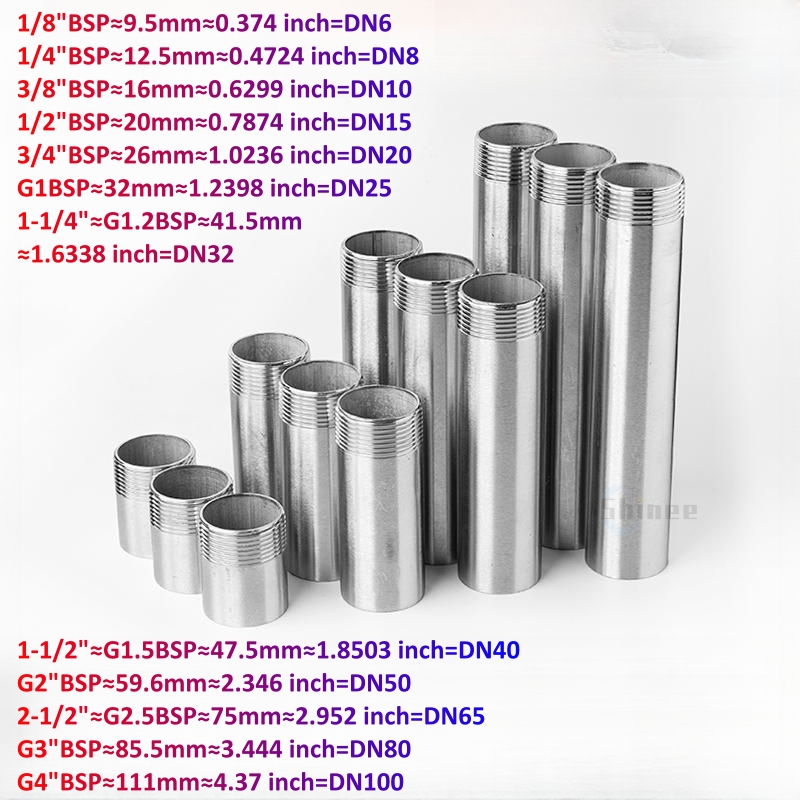 50/200 มม.ความยาว 1/8 "1/4" 3/8 "1/2" 3/4 "1" -2 " single-head ชายท่อเกลียวสแตนเลส SS304 Connector Adapter