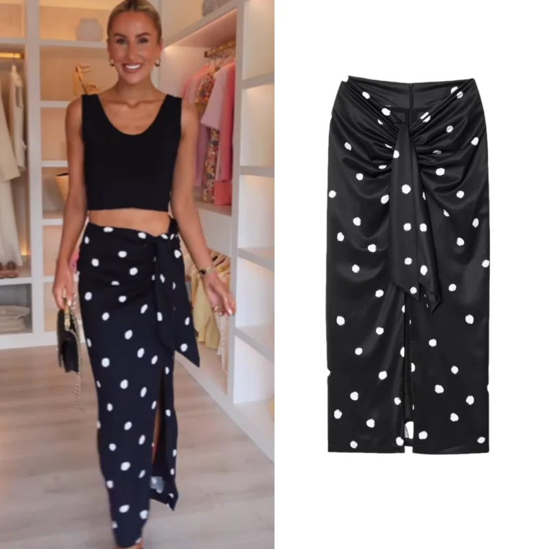 2025 Gonna longuette sexy a pois neri: spacco alto alla coscia, vita con papillon, design avvolgente alla caviglia per donna casual estiva