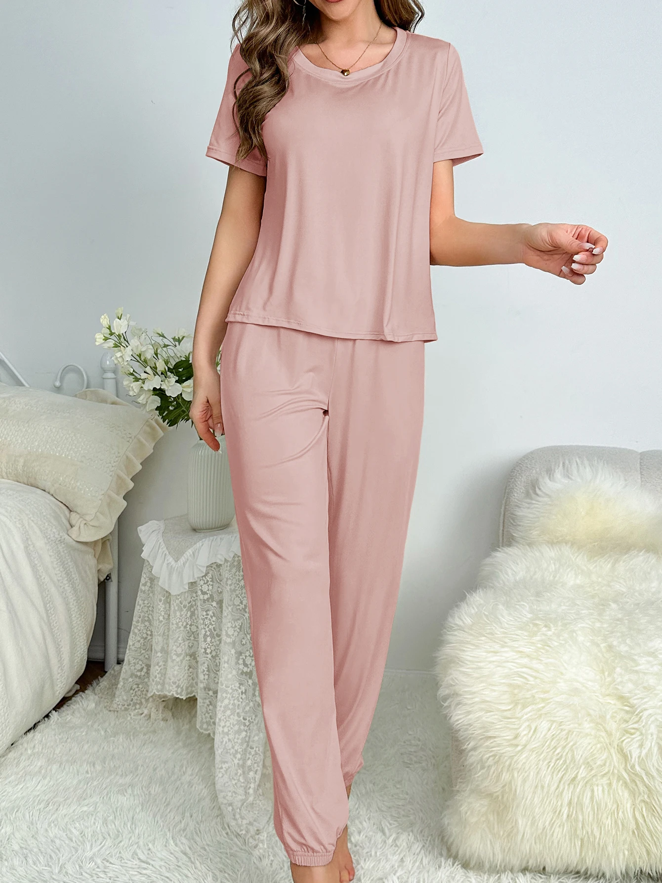 Damen-Pyjama im neuen Stil, kurzärmelige Hose, elegant, lässig, zweiteilig, einfarbig, Heimkleidung
