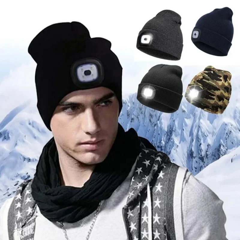 USB ricaricabile a mani libere 4 LED faro Cap inverno lavorato a maglia notte illuminato cappello torcia donna uomo regali per papà lui marito