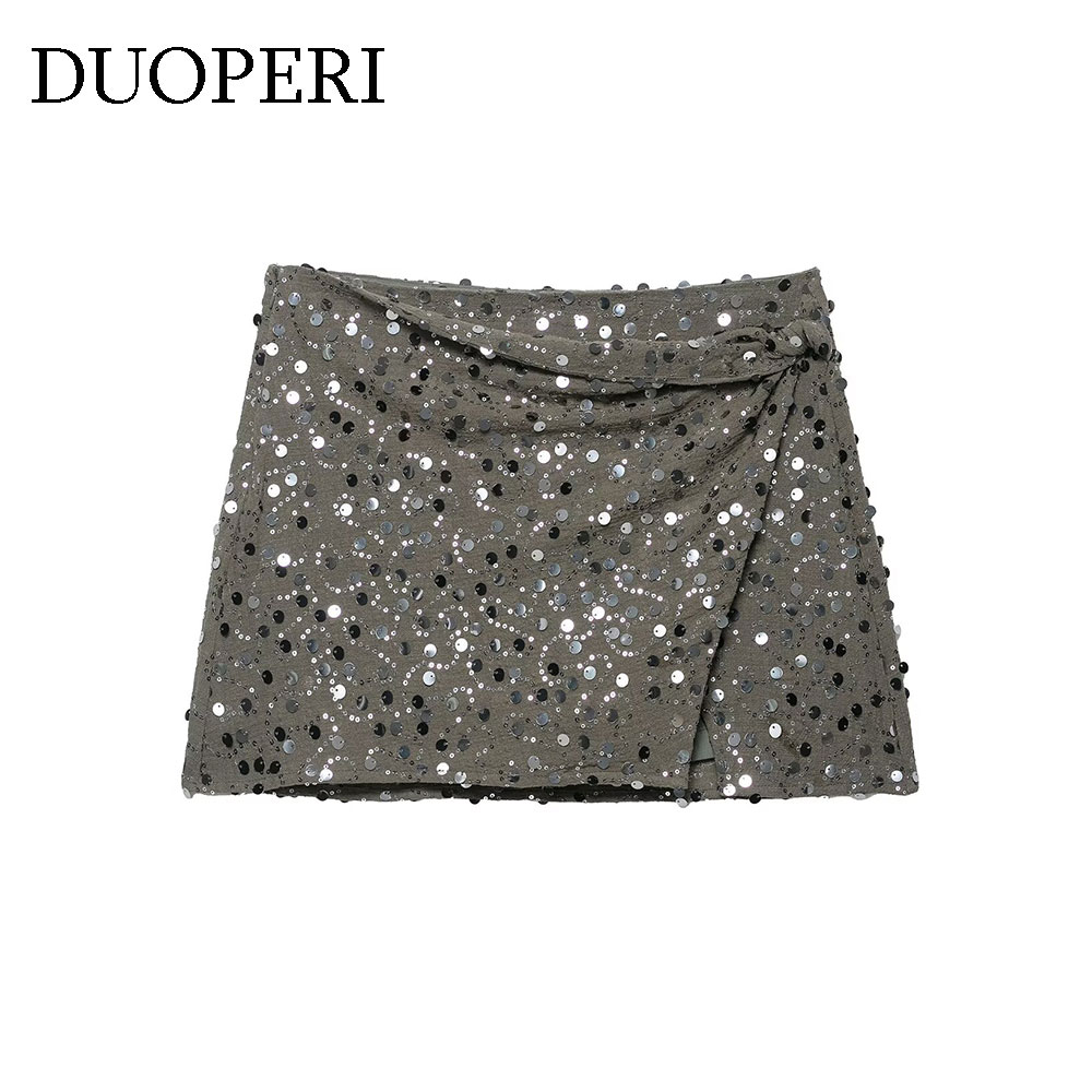 DUOPERI Y2K Women's A-Line Mini Skirt Fashion With Sequined Side Zipper High Waist Female Chic Lady Casual Skirts