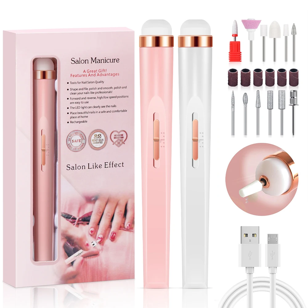YIKOOLIN juego de cuidado de lima de uñas portátil, luz LED ajustable, 4 velocidades, 12 brocas de fijación, carga USB, uso doméstico