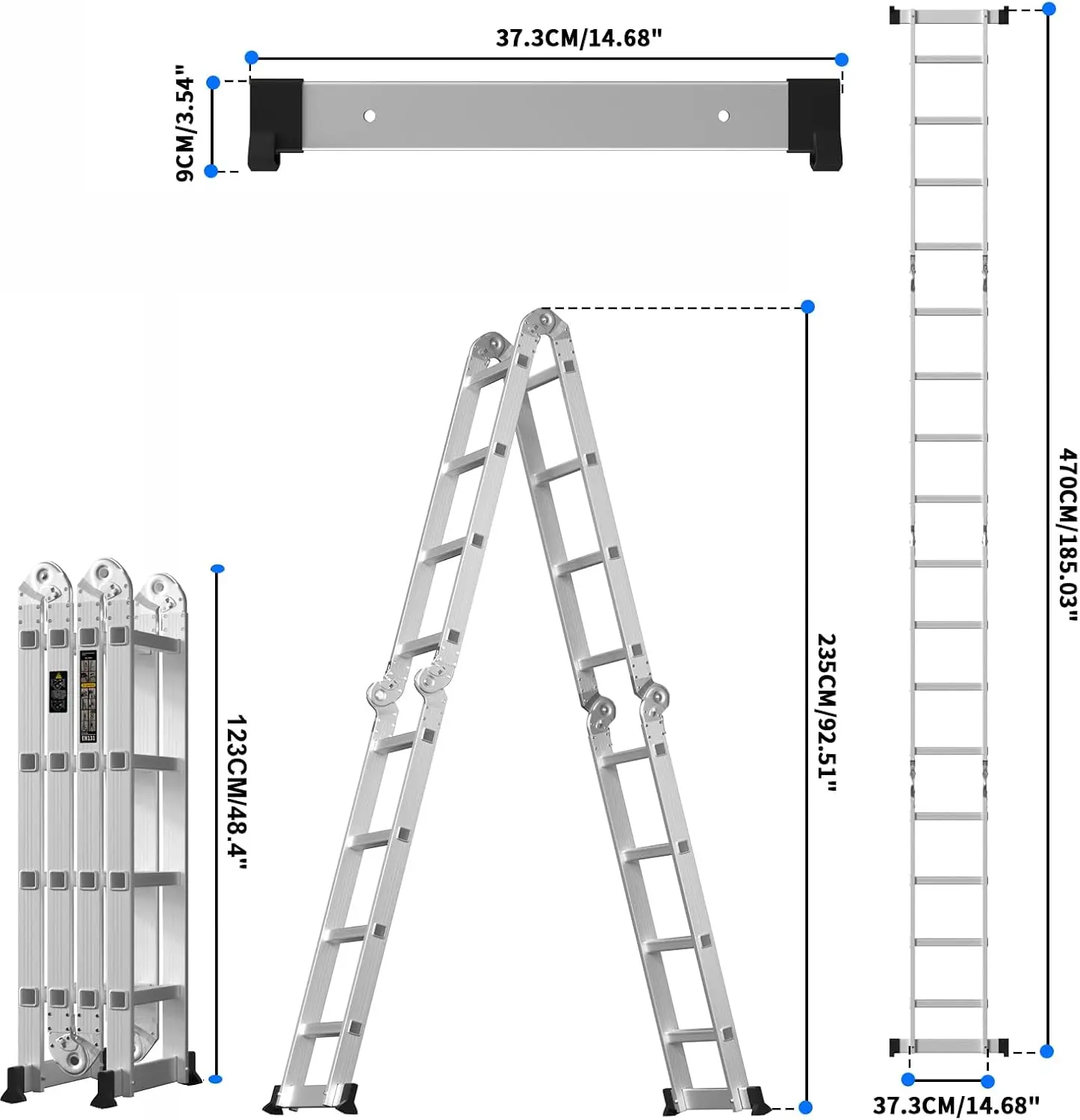 4.7M/15.4FT Multi-purpose Aluminium Folding Extendable Ladder+1xTool Tray,14-in-1 Telescopic Ladder 4x4 Rungs 150kg/330lb