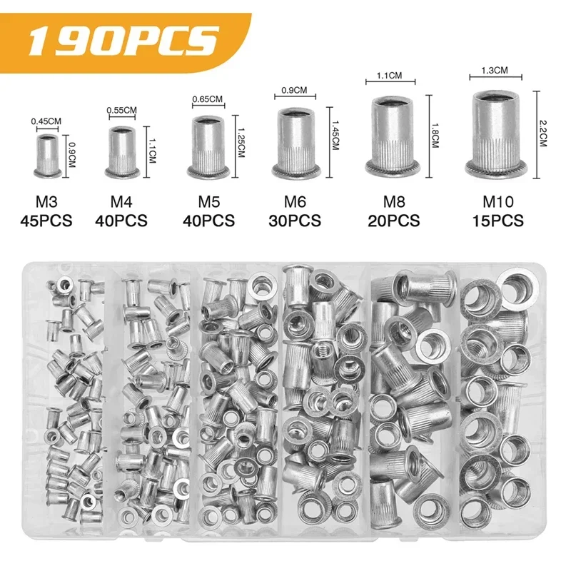 190/93 Uds. Juego de tuercas ciegas de aluminio, tuercas de inserción roscada, tapa de tuerca, tuercas de remache de cabeza plana de acero al carbono M3 M4 M5 M6 M8 M10