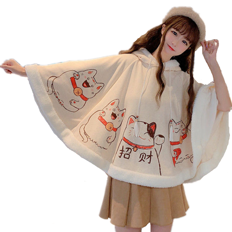 2025 primavera otoño capa Harajuku Kawaii orejas prendas de vestir con capucha gato de la suerte japonés capa de lana Jersey suelto Top de manga de murciélago