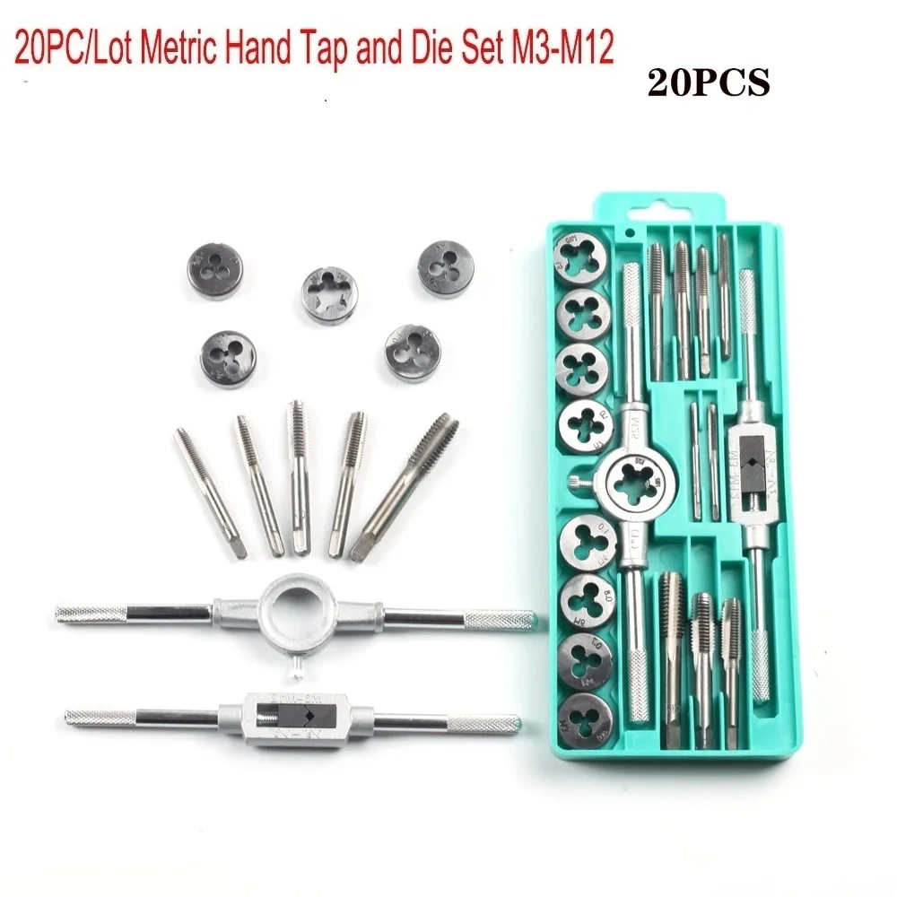 Multifunction Tap and Die Set 8/12/20Pcs M3-M12Metric Screw Thread Plugs Hand Screw Taps Straight Taper Tapping and Thread Tools