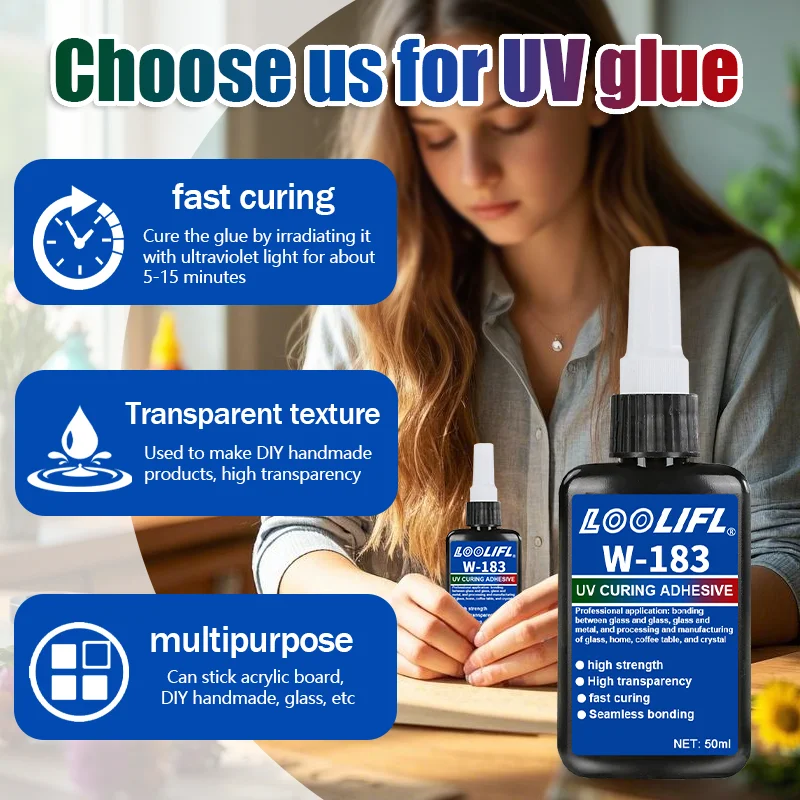 LOOLIFL ใหม่ W-183 Strong 50ml UV กาวบ่มกาว UV Curing แก้วคริสตัลและโลหะ ABS Bonding เชื่อม UV curing โคมไฟ