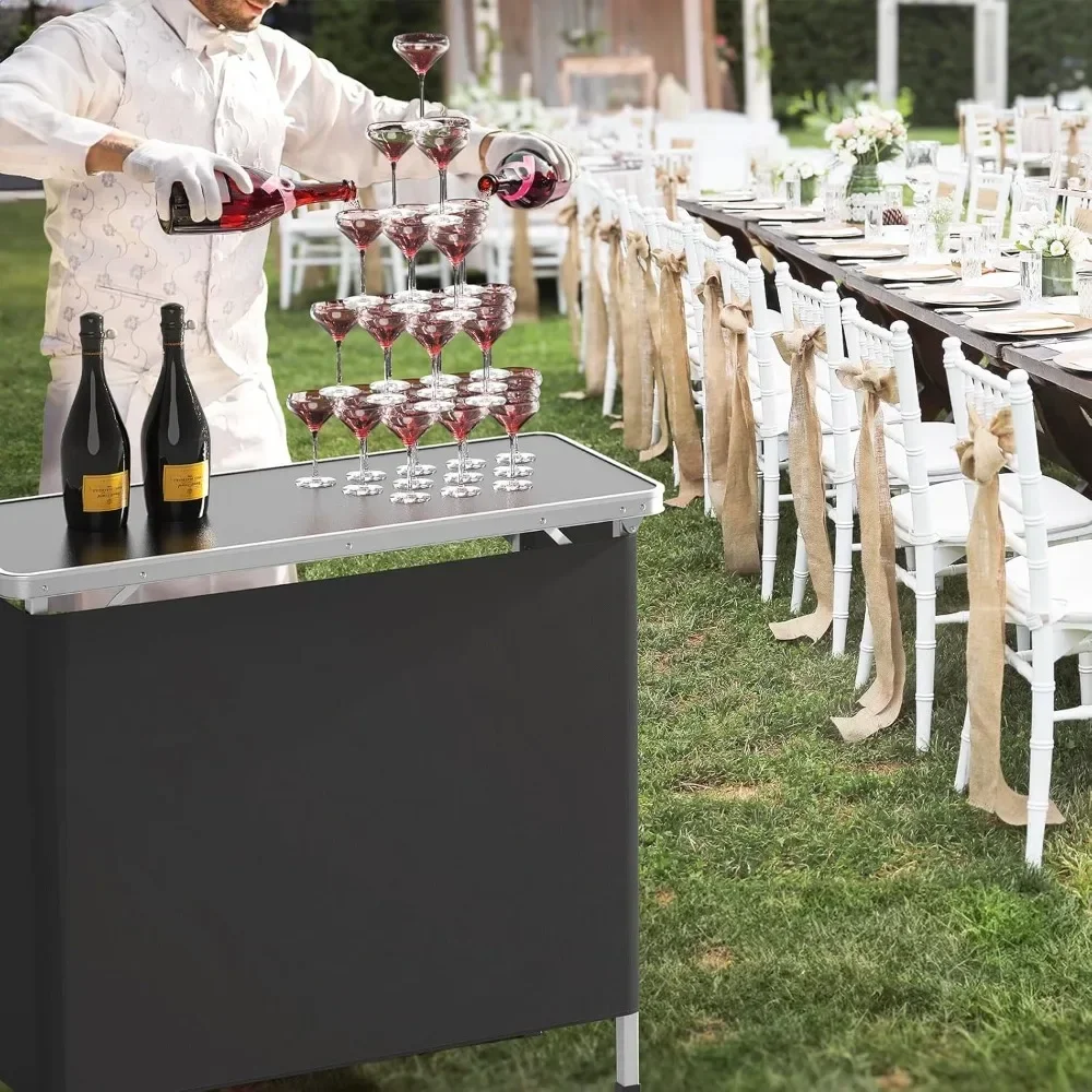 Portable Bar Table, 3-Tier Shelves, Mobile Bar Table for Events, Party, Camping, Picnic, Tradeshow, Indoor with Black Skirt