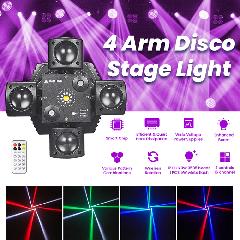 4-Arm Mini Moving Head DJ Light 48W Disco Lights Cabezas LED DMX512 Beam Strobe Effect RGBW Party Night Club Stage Light