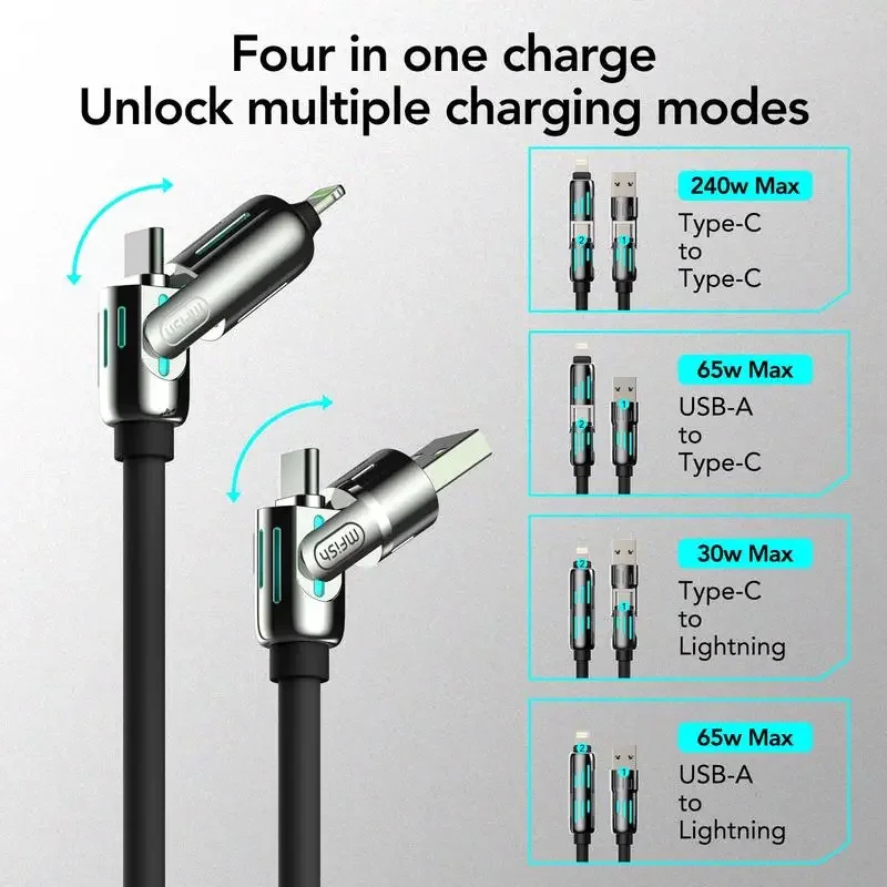 USB, Typ C, Lightning-Max 240 W Schnelllade- und Datensynchronisierung MFISH 4-in-1-Multifunktions-USB-Ladekabel für iPhone 16/15, iPad
