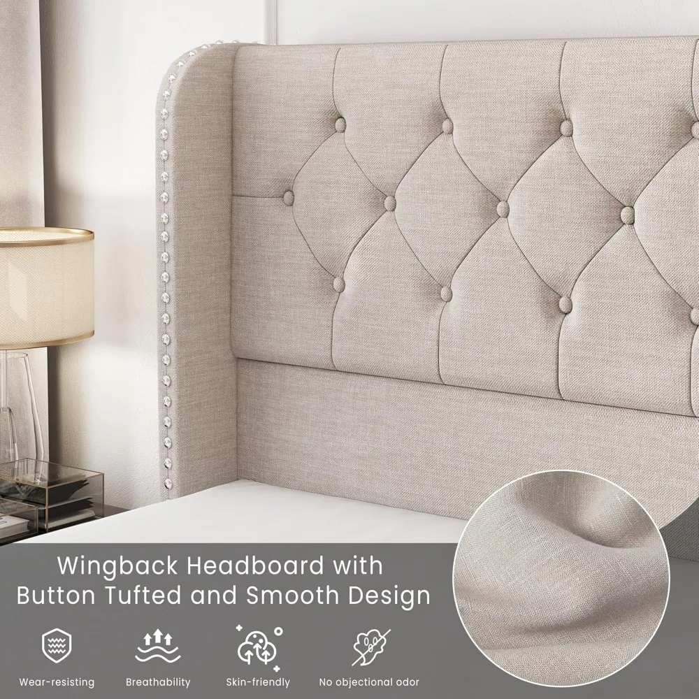 King Size Bed Frame with 4 Storage Drawers and Tufted Headboard Linen Upholstered Platform Bed Frame Wingback Beds with