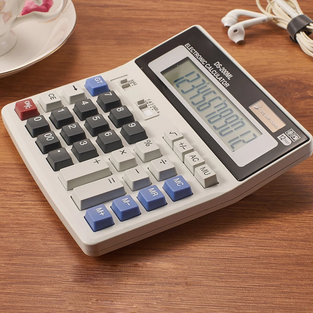 Zonne-calculator Dubbele voeding DS-200ML 12-cijferige elektronische rekenmachine Kantoorbenodigdheden voor kantoor School Boekhoudhulpmiddelen