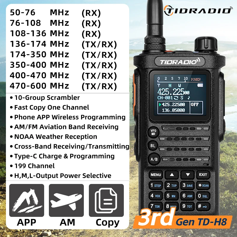 Walkie Talkie profesional TIDRADIO TD H8 de 3. a generación, 10W, Radio de emergencia de largo alcance, receptor de Radio bidireccional portátil, repetidores de búsqueda