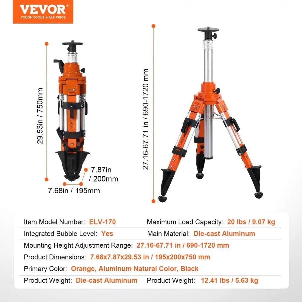 Adjustable Height Tripod Leveling Stand for Ladders & Scaffolding 27.16 to 67.71 Inches with 5/8-11 Thread Home Improvement Tool
