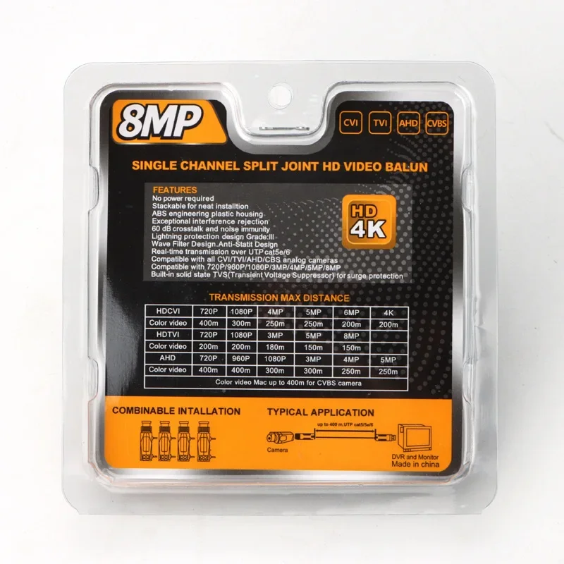 1 par de conectores Balun de vídeo BNC de 8MP, transmisión de par trenzado, transmisor, Cable Cctv, compatible con cámara HD de 8MP AHD/CVI/TVI