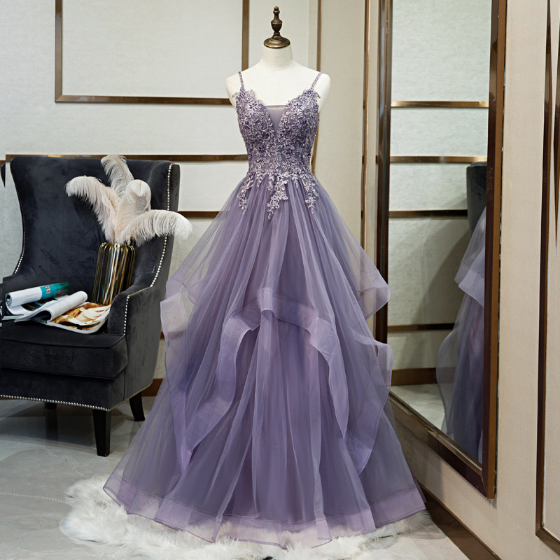 2025 elegante clube banquete roxo cinta vestido exame de arte vocal senxi colorido seda fada ar vestido de seda hospedagem vestido de noite