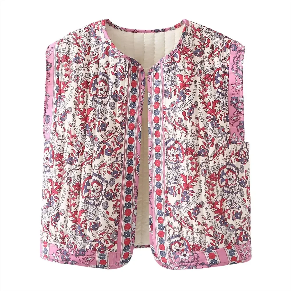 Colete acolchoado sem mangas feminino, colete versátil curto estampado, estilo étnico retrô francês, gola redonda, novo, verão