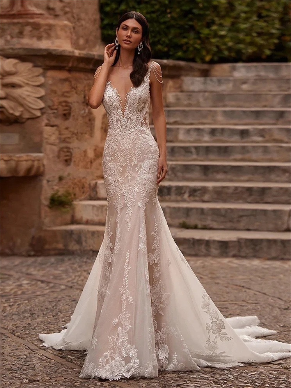 Sexy cinta de espaguete vestido de casamento romântico renda vestido de noiva clássico personalizado até o chão vestido de noiva