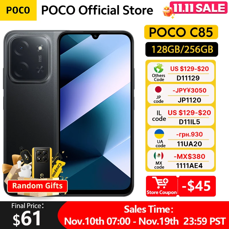 [월드 프리미어] POCO C85 글로벌 버전 스마트폰 128/256GB Helio G81-Ultra 6000mAh 배터리 6.9인치 디스플레이 50MP 카메라 33W NFC