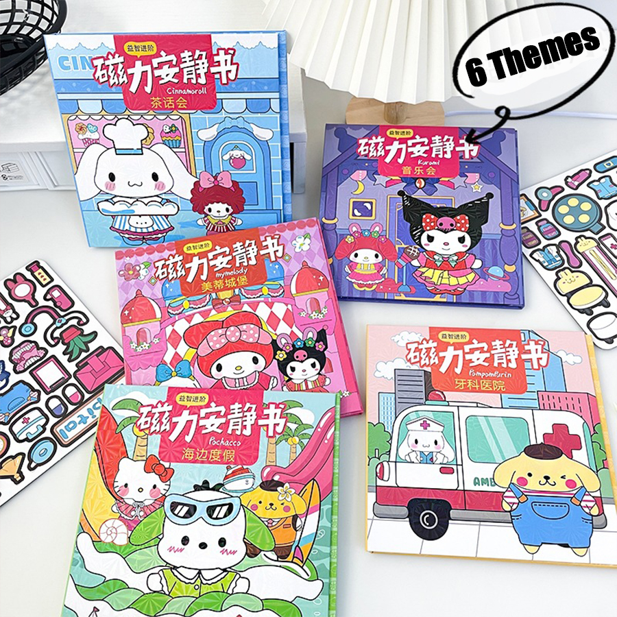 Sanrio Kuromi Cinnamoroll libro magnético silencioso My Melody hecho a mano DIY juguete repetible pegatinas magnéticas regalo para niñas juguetes para niños