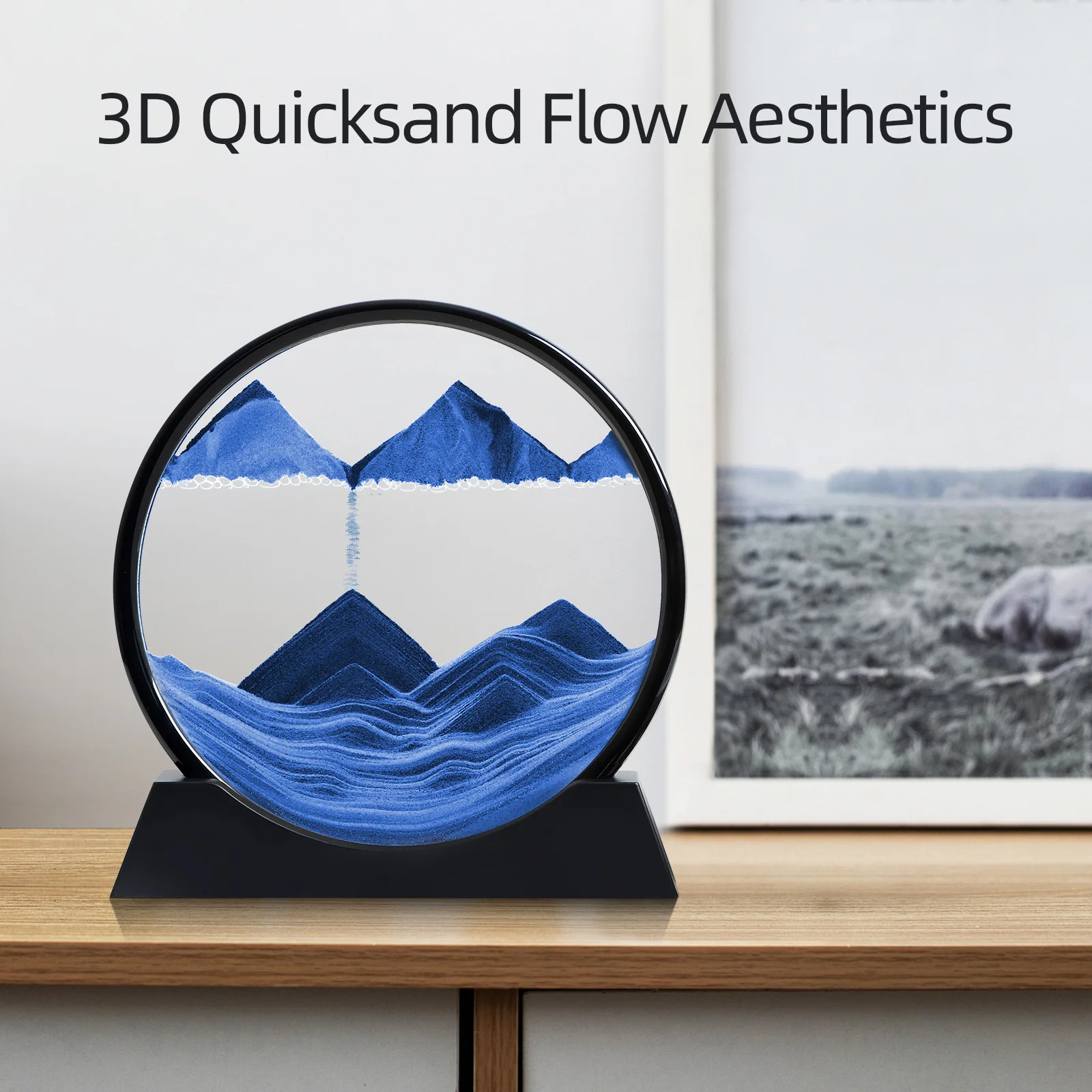 Immagine di arte della sabbia in movimento 3D Vetro rotondo Paesaggio marino profondo Clessidra Sabbie mobili Mestiere che scorre Pittura di sabbia Ufficio Decorazioni per la casa Regalo
