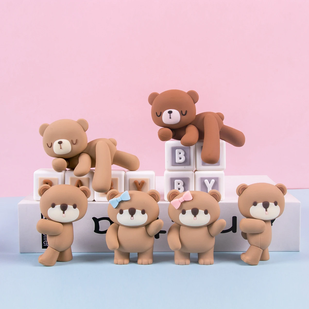 핑크 블루 베어 케이크 토퍼 곰 인형 장식품 삽입 생일 케이크 장식 아기 소년 소녀 1 생일 파티 성별 공개