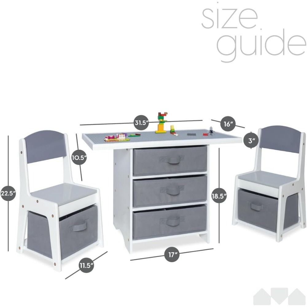 3-in-1 Wooden Play Table and Chair Set with Storage for Kids, Compatible with Lego and Duplo, Activity Table