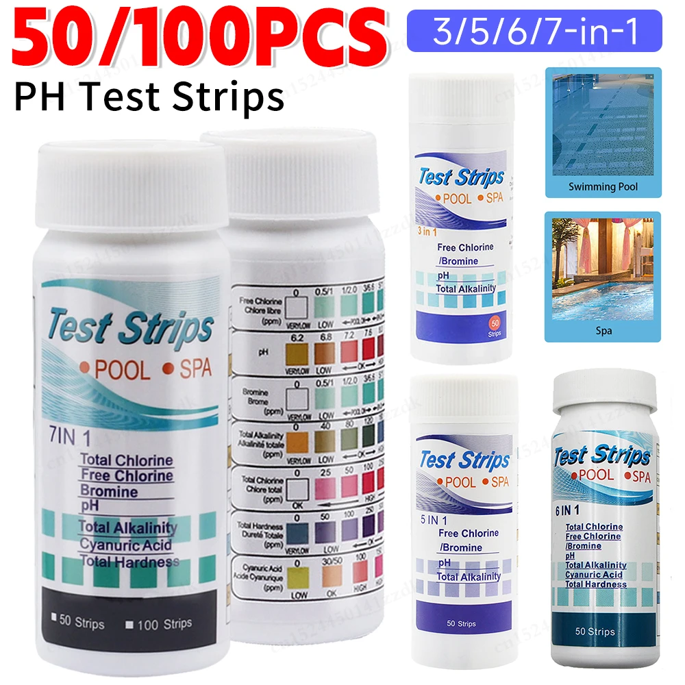50/100 Uds 3/5/6/7 en 1 tiras reactivas de PH para piscina SPA probador de agua para piscina herramienta de dureza de papel para cloro bromo