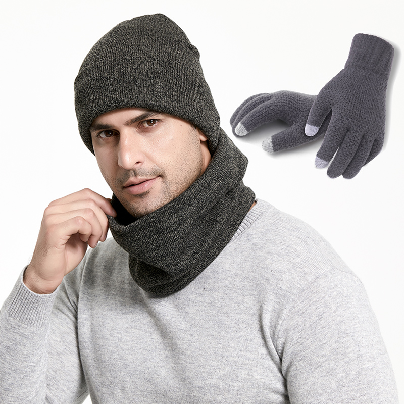 3 Teile/los Männer Winter Hüte Schals Handschuhe Set Fashion Strick Plus Samt Hut Schal Set Kit Männlich Mützen Schal Handschuh