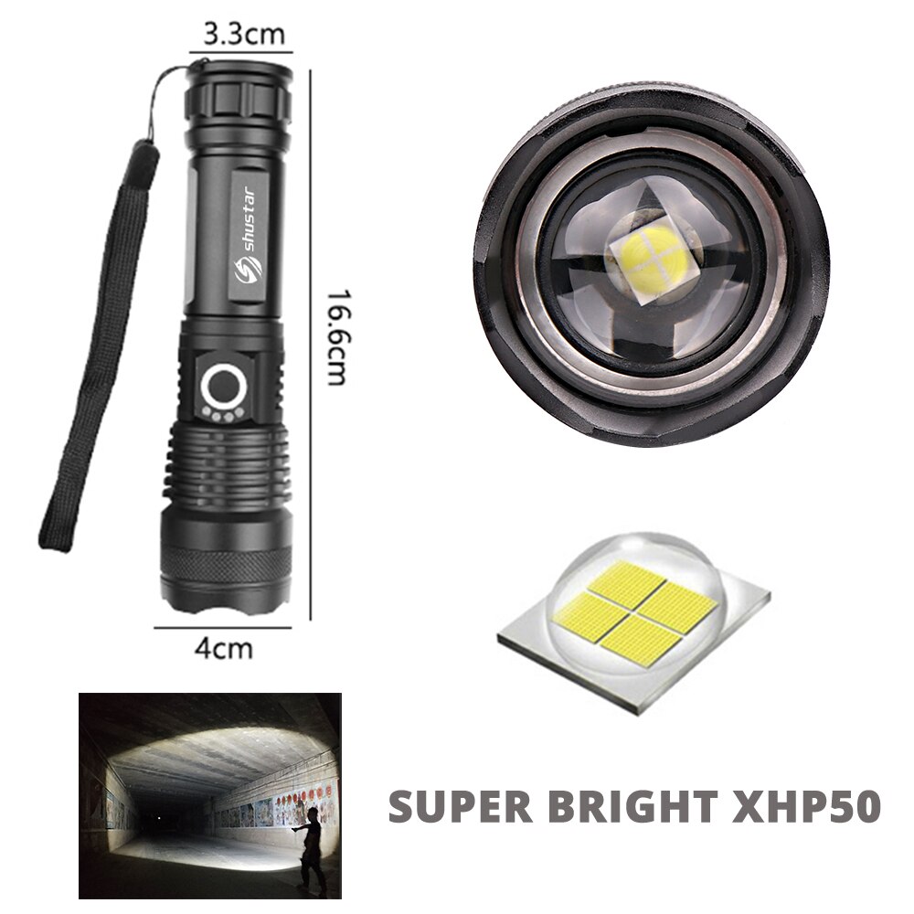 Lanterna LED de alta potência para acampar, tocha com 4 núcleos, lâmpada P50, zoomable, 5 modos de iluminação, uso de alta resistência, liga de alumínio