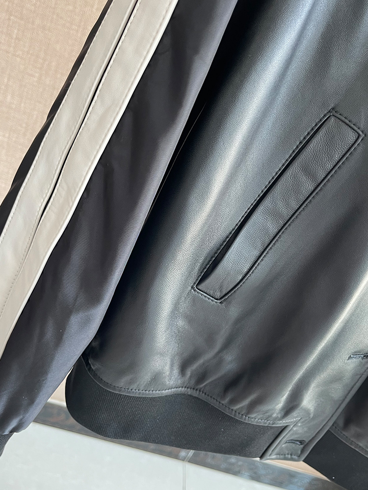 カジュアルシープスキンショートジャケット女性のブラックホワイトストライプレザーコート春秋 V ネック長袖通勤スタイル