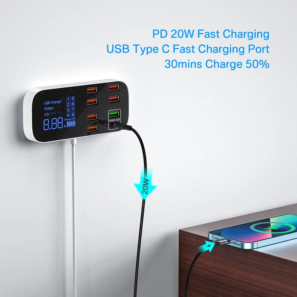 Stazione di ricarica USB Desktop ASOMETECH a 8 porte con Display a LED QC3.0 PD3.0 ricarica USB rapida per iPhone 14 13 Pro Xiaomi