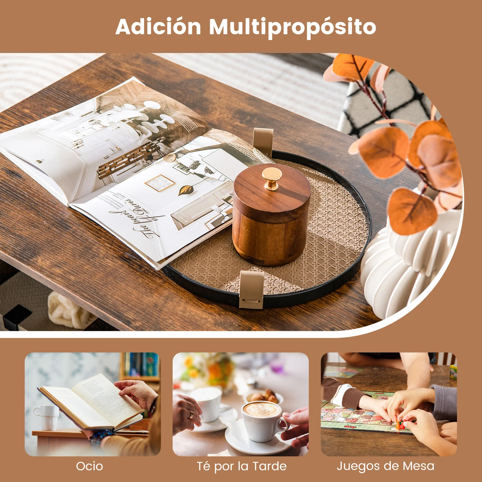 Mesa de Centro, Mesa de Salón con Almacenamiento en 3 Niveles, Mesa de Café Rectangular Moderna con Estante Medio en Forma de L, Mesa Geométrica Versátil para Sala de Estar