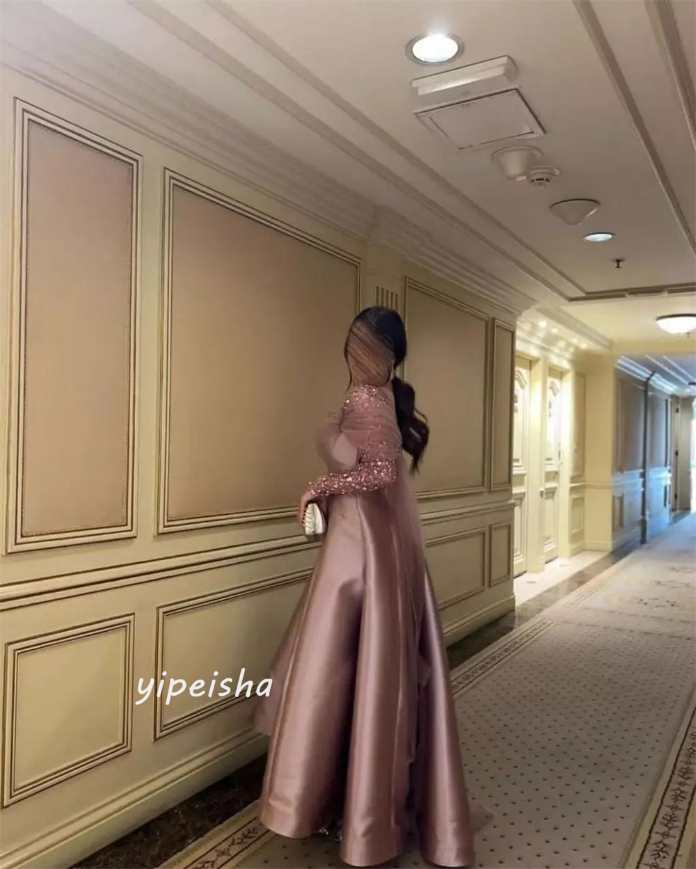 Personalizado brilho requintado clássico estilo moderno formal noite o pescoço até o chão vestido de baile miçangas tule vestidos de cetim