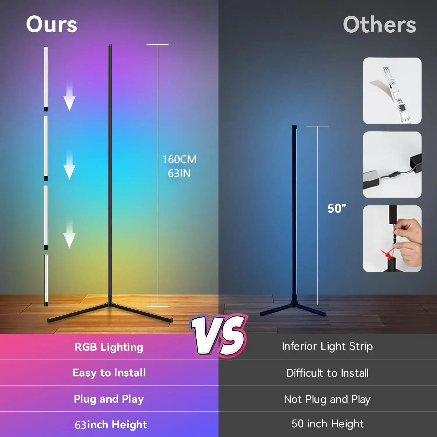 Lampada da terra a LED 2PC/1PC, lampada angolare RGB da 160CM/63IN Funziona con APP/telecomando, luce angolare intelligente con 16 milioni di colori fai-da-te,
