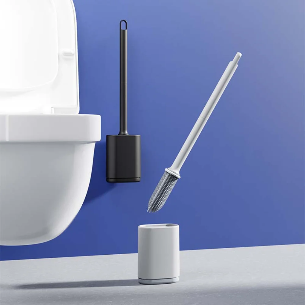 Cepillo de limpieza de inodoro de silicona mejorado, cepillo de cerdas suaves de cabeza plana con soporte, cepillo limpiador de Wc Flexible sin muertos para Baño