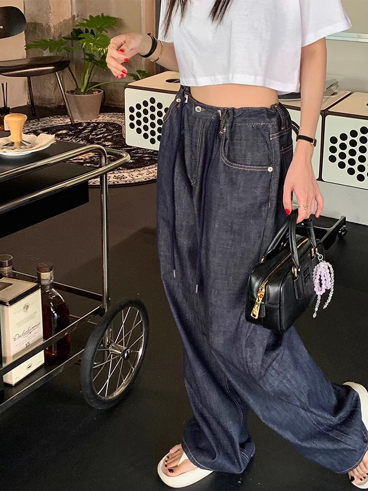 Calças Jeans Fenas de Cintura Alta com Design Retro e Cordão, Pernas Retas e Largas, Detalhes de Costura Versáteis