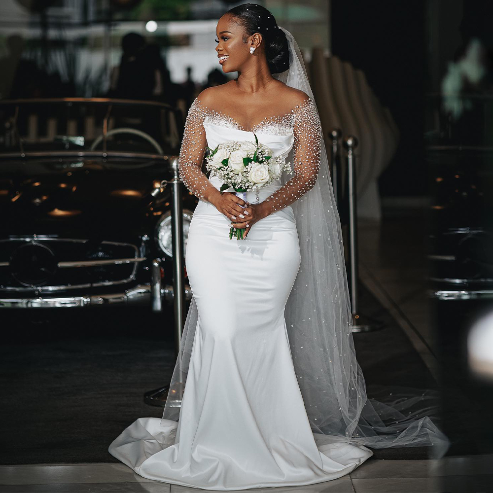Afrikanische Luxus Brautkleid Perlen lange Ärmel weiße Satin Brautkleider für Frauen 2024 Braut Meerjungfrau/Trompete Brautkleider