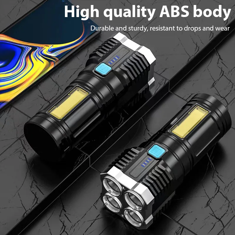 Tocha de luz forte ao ar livre 4led lanterna super brilhante recarregável telescópica zoom tocha com luz lateral cob acampamento pesca w