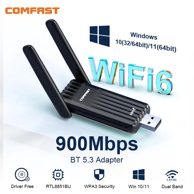 COMFAST 900 Мбит/с Wi-Fi 6 BT 5,3 USB-адаптер двухдиапазонный 2,4/5G RTL8851BU Беспроводная сетевая карта с бесплатным накопителем для ноутбуков, ПК Win 10/11