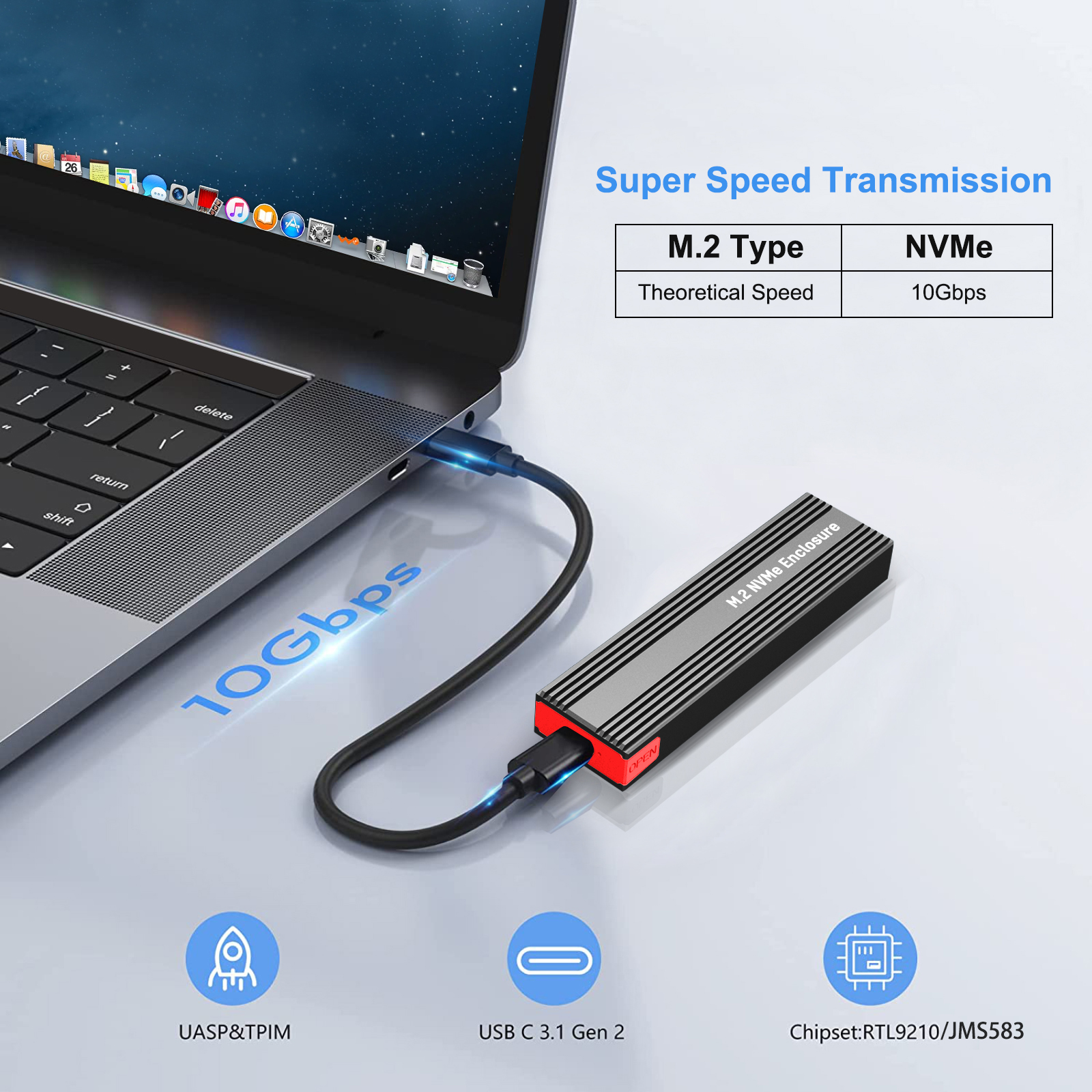 Obudowa M2 NVMe SSD 10 Gb/s PCIe SSD Przenośna obudowa USB C 3.2 Gen2 Beznarzędziowy adapter zewnętrzny z podkładką radiatora do dysku SSD M.2