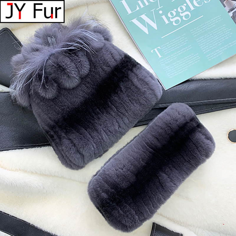 Mode Dame Dikke Rex Konijnenbont Hoed Winter Gebreide 100% Natuurlijke Bont Hoeden Sjaals Sets Vrouwen Warm Real Rex Konijn bont Sjaals