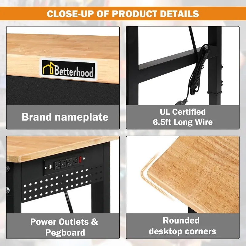 70" Adjustable Workbench on Wheels, 2000 LBS Heavy Duty Work Table with Power Outlets & Pegboard, Rubber Wood Workstation