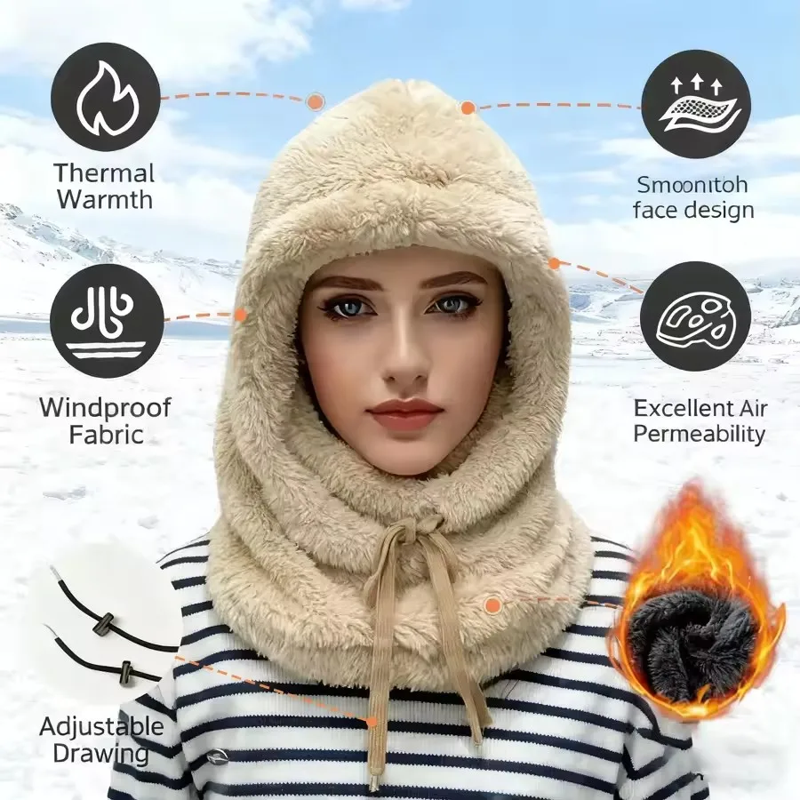 Thickened Womens Winter Hat Plush Ear Protection Neck Warmer Windproof Face Mask for Skiing Cycling Outdoor Activities