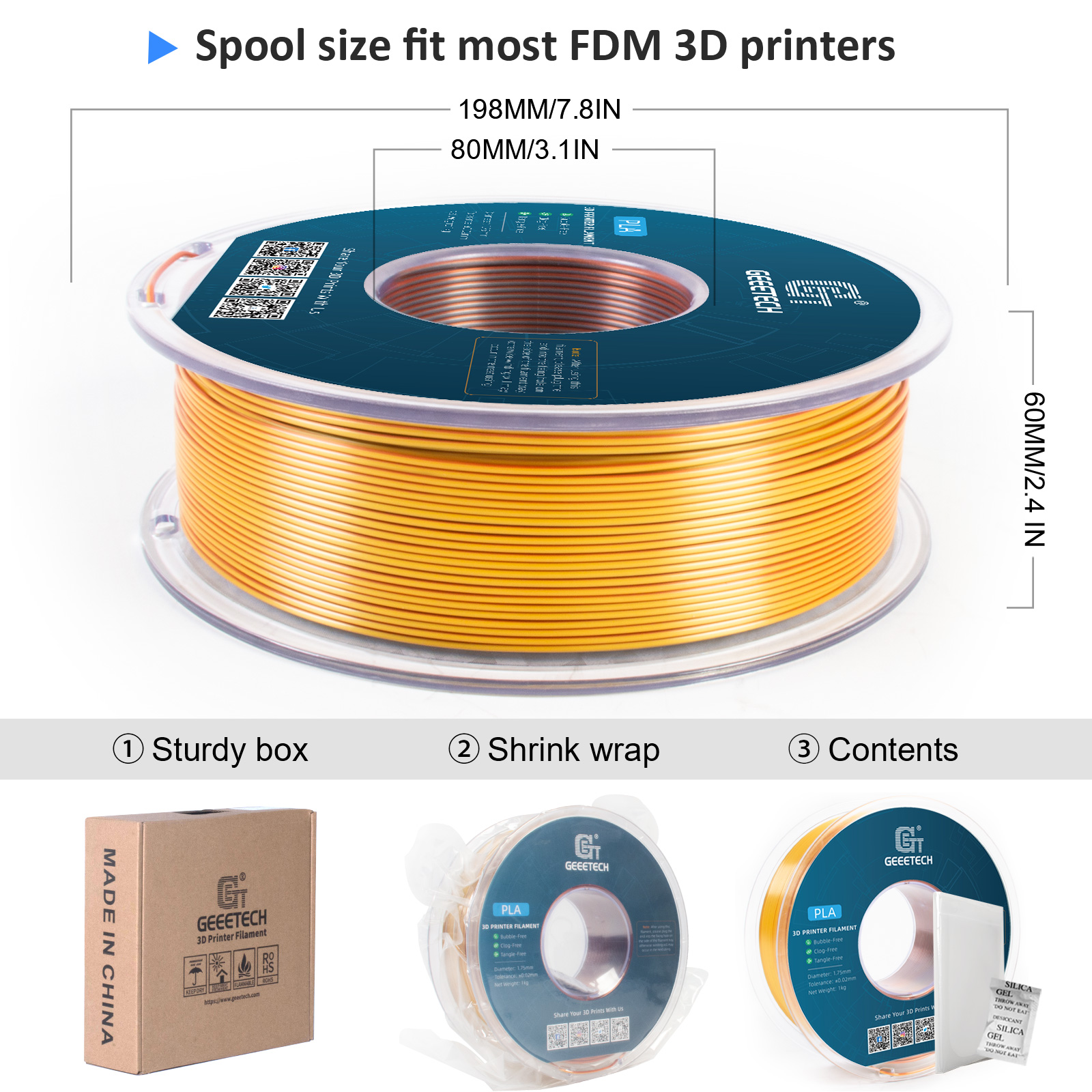 Geeetech Three Tri Color Silk PLA Filament, 3D Filament 1,75 mm 1KG Spool Wire (+/-0,03mm) Pakowanie próżniowe, specjalny kolor