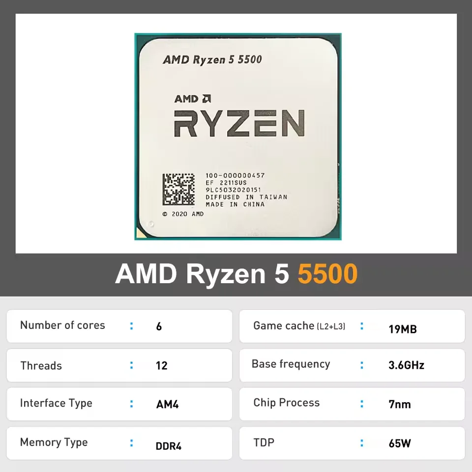 AMD Ryzen 5 5500 R5 5500 3,6 GHz procesador de CPU de 6 núcleos y 12 hilos 7NM L3 = 16M 100- 000000457   Enchufe AM4 sin ventilador