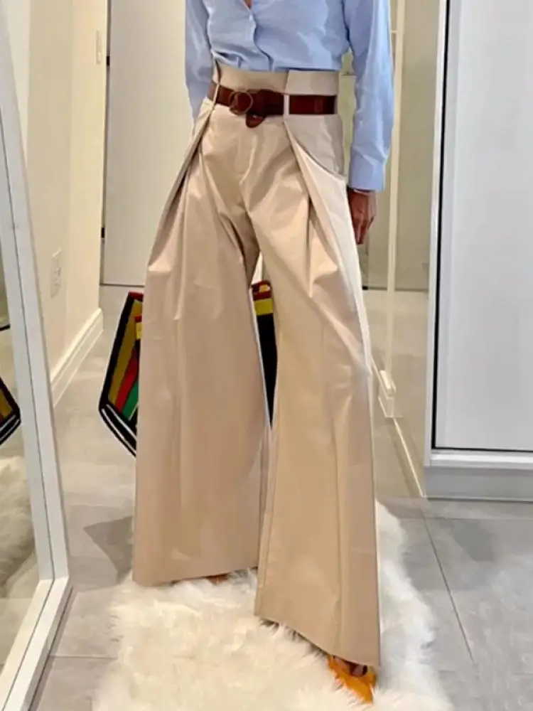 Freeacy 2024 moda feminina calças de viajante damasco elástico cintura alta calças plissadas comprimento total perna larga bottoms para o sexo feminino
