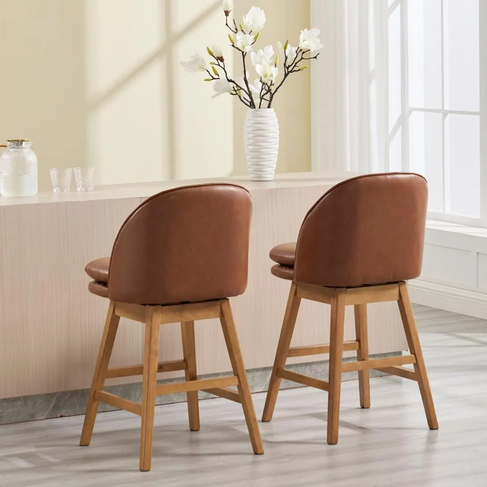 Counter Height Bar Stools Set of 2, Faux Leather Fabric Upholstered Swivel Barstools with Solid Wood Legs & Double-Padded Seat