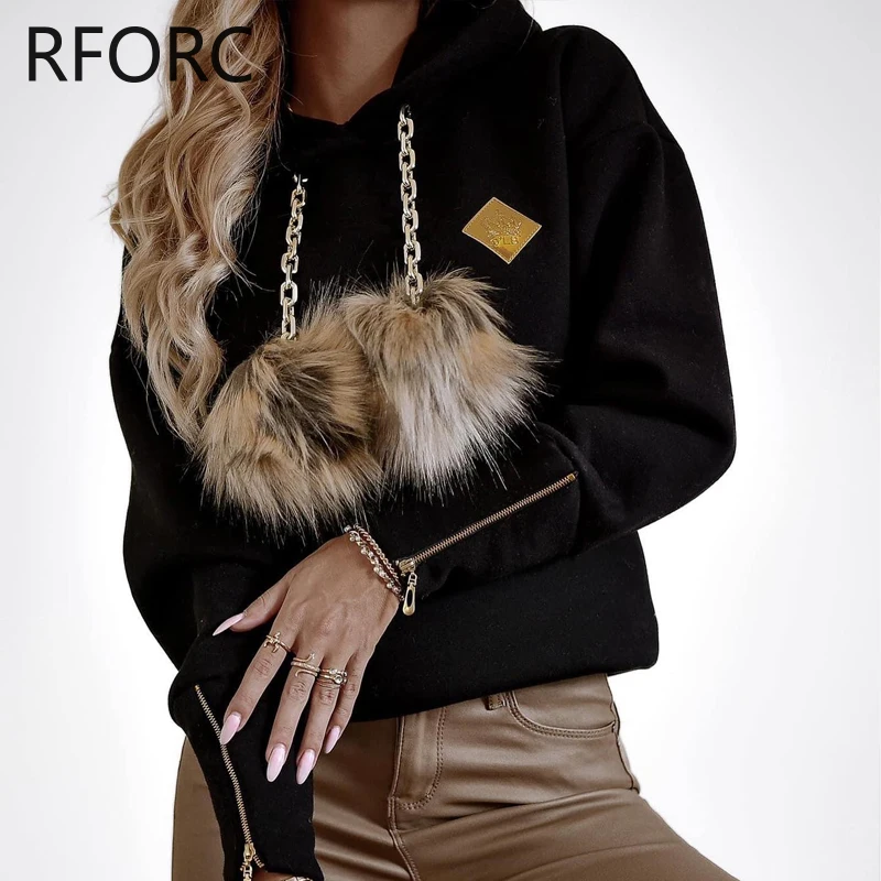 2023 mujeres cadena sólida con capucha plumas sudadera sólida Tops
