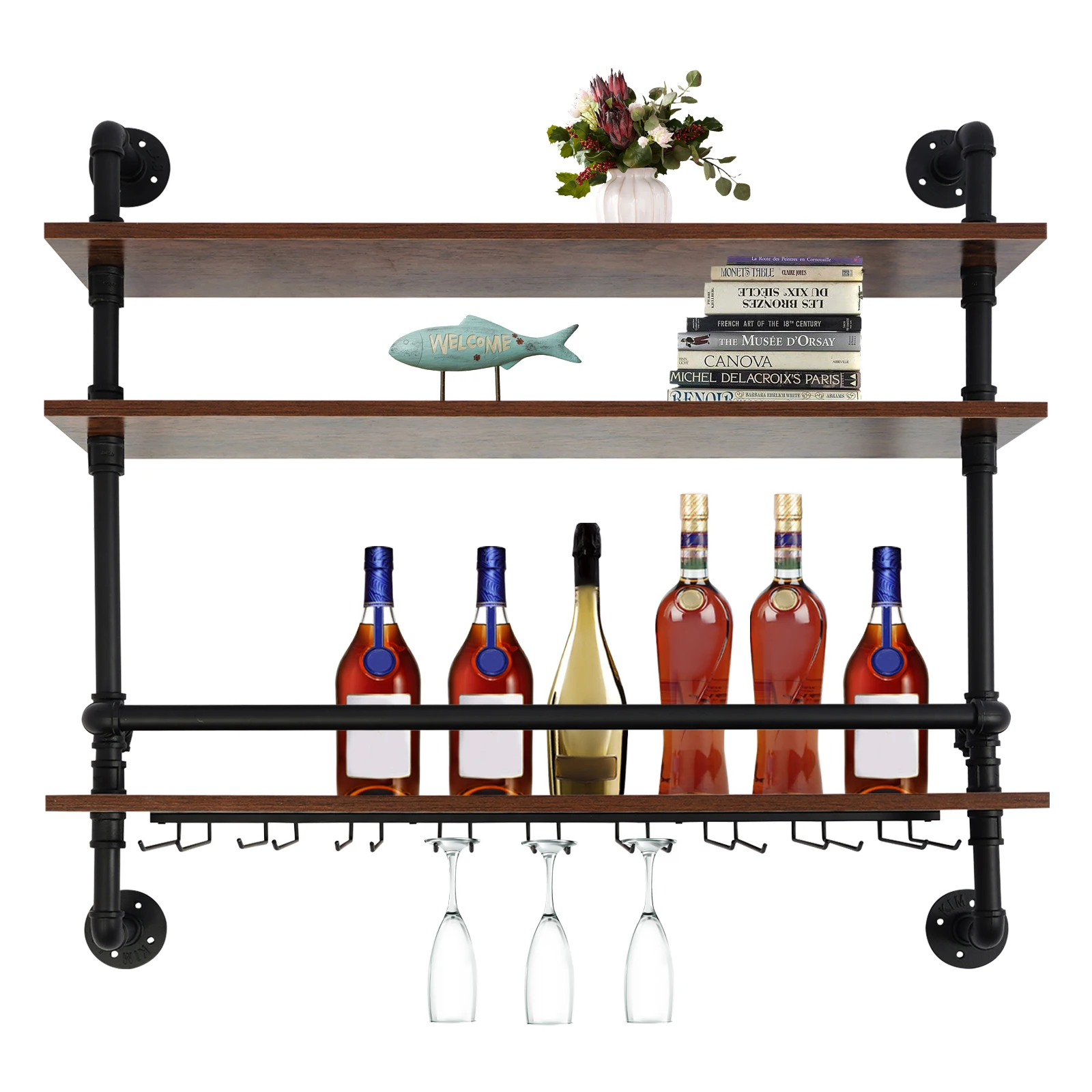 Industrial 3-Tier Wall Mounted Wine Rack with Glass Holders Guard Rails Iron Wood for Wine Bottle Storage Floating Shelves